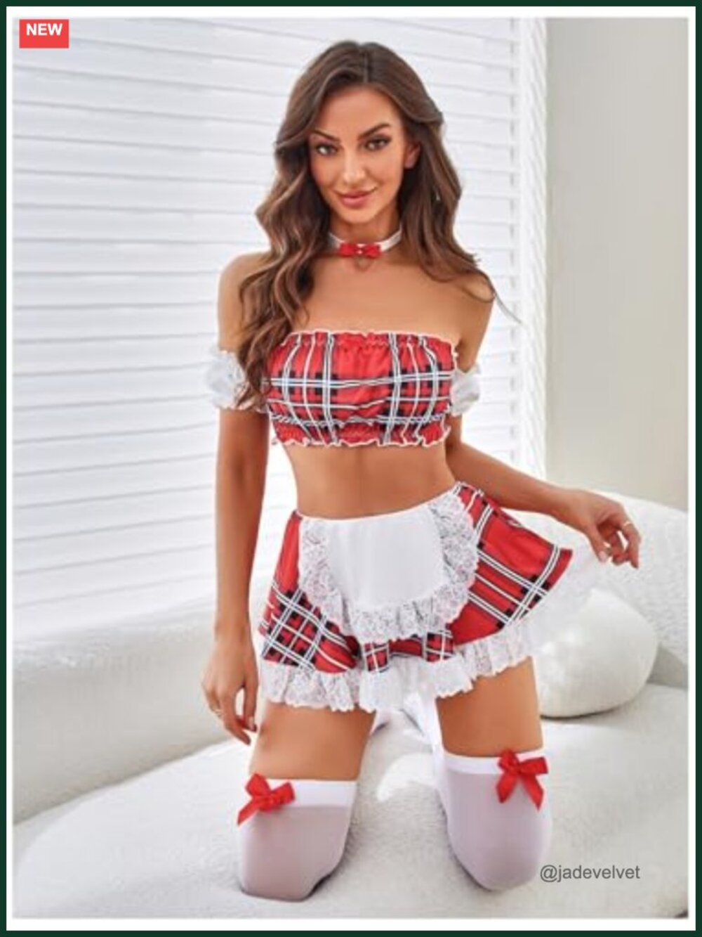 Plaid Lace Ruffle Maid Lingerie Costume Set Strapless Mesh - Picture 3 of 5